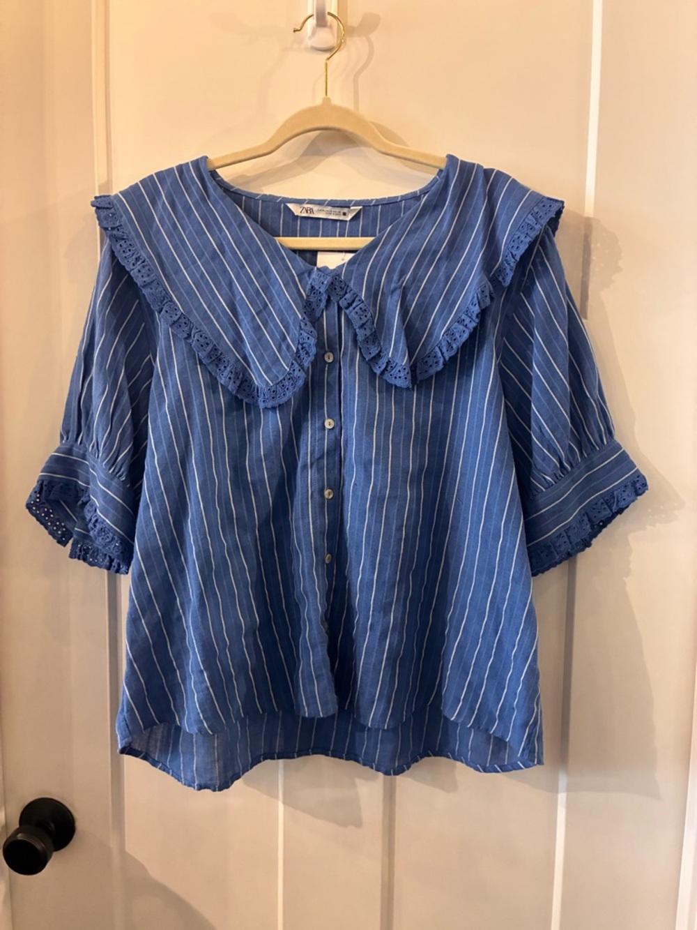ZARA Blue and White Striped Lace-Trim Button Blouse